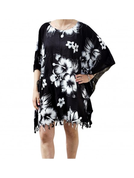 Tunique noire Femme motifs hibiscus blanc