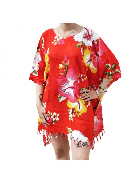 Tunique Femme motif Hibiscus multicolore fond rouge