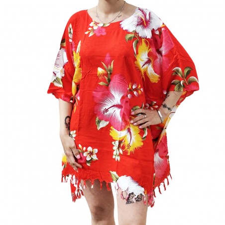 Tunique Femme motif Hibiscus multicolore fond rouge