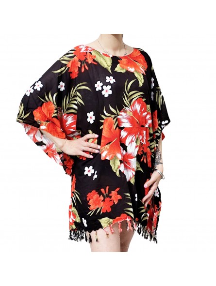 Tunique Femme couleur noir et rouge motif fleurs hibiscus