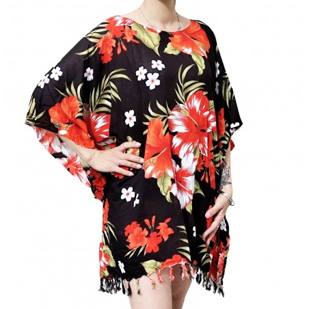 Tunique Femme couleur noir et rouge motif fleurs hibiscus