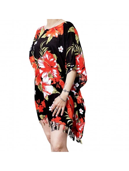 Tunique Femme couleur noir et rouge motif fleurs hibiscus