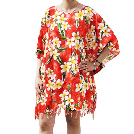 Tunique Femme imprimé motifs Frangipane sur fond rouge