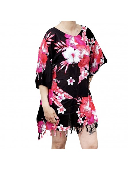 Tunique Femme fond noir motifs fleurs hibiscus rose