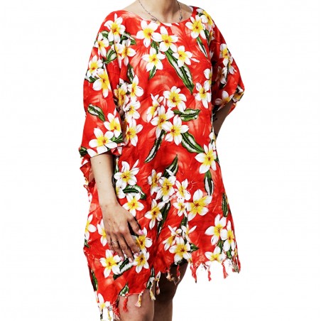 Tunique Femme imprimé motifs Frangipane sur fond rouge