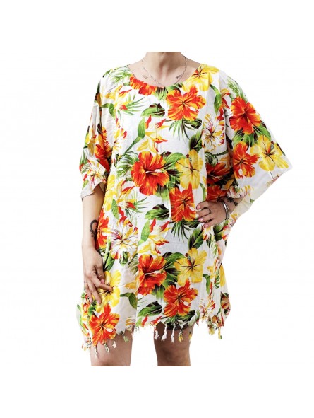 Tunique blanche Femme motifs fleurs d hibiscus rouge
