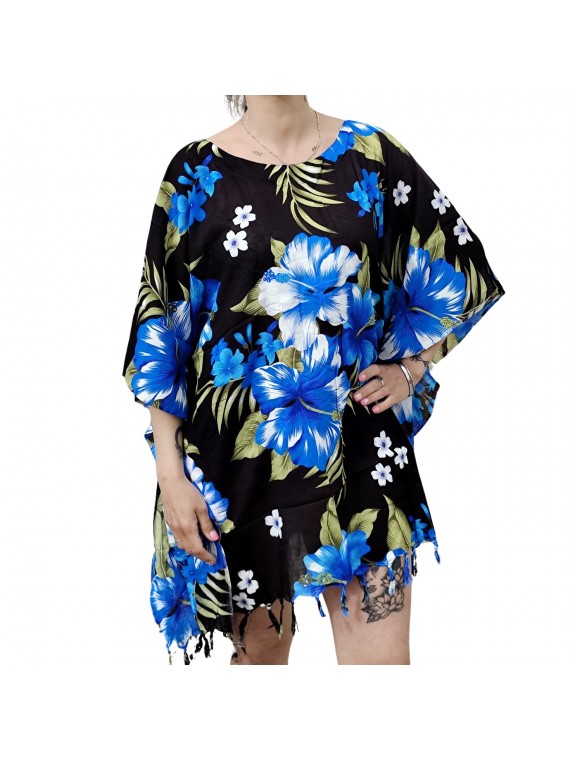 Tunique Femme couleur noir et bleu motifs imprimés plage