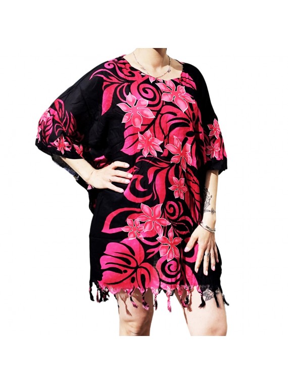 Tunique Femme noir et rose  motifs fleurs tropicales