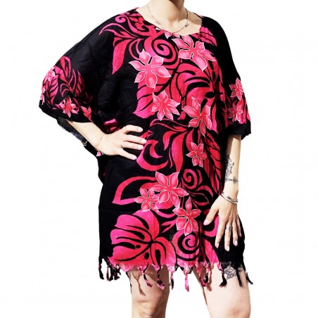 Tunique Femme noir et rose  motifs fleurs tropicales