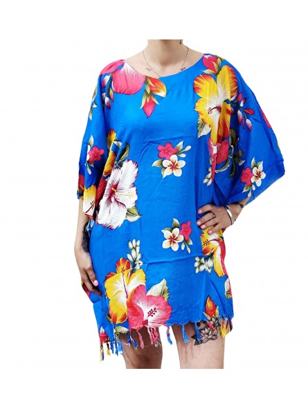 Tunique Femme motifs Hibiscus multicolore fond bleu