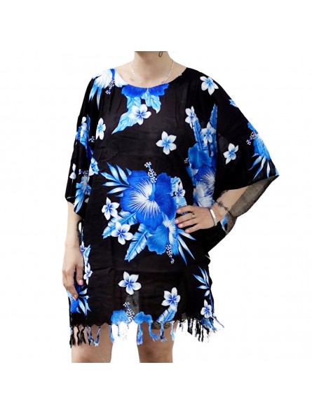 Tunique Femme fond noir motifs fleurs hibiscus bleu
