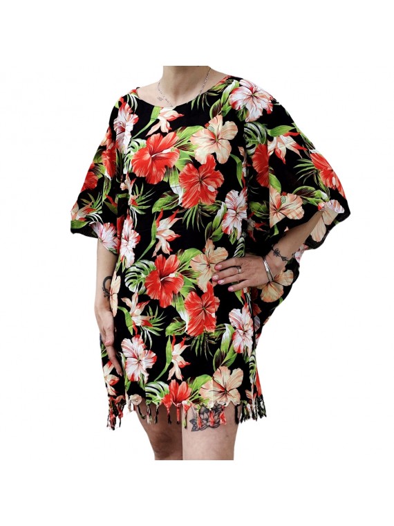 Tunique couleur Noire pour Femme motifs hibiscus saison été