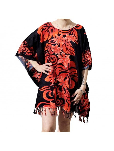 Tunique Femme couleur noir et rouge motifs fleurs tropical