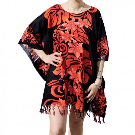 Tunique Femme couleur noir et rouge motifs fleurs tropical