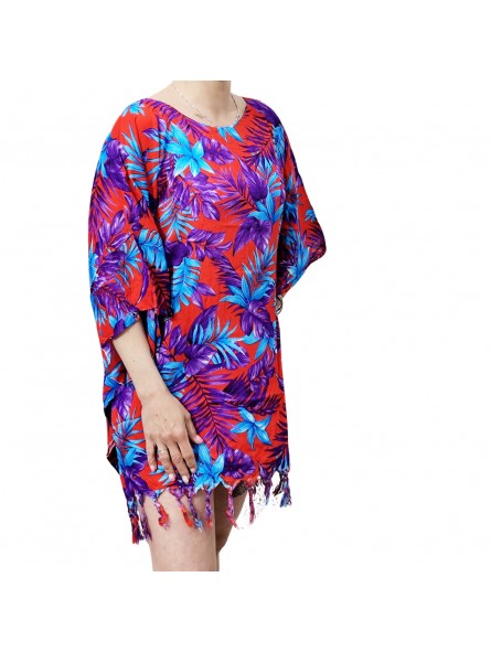 Tunique Femme rouge, bleu, violet motifs fleurs tropical