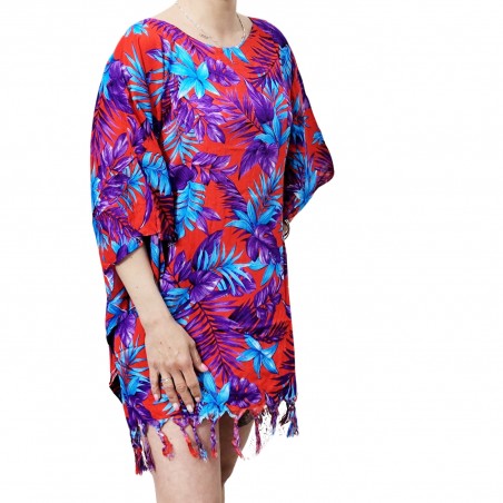 Tunique Femme rouge, bleu, violet motifs fleurs tropical