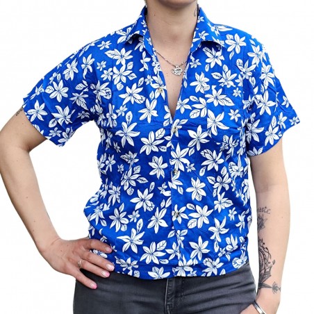 Chemisier floral aux fleurs de petite tiaré bleu