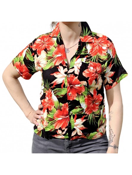 Chemisier noir aux fleurs tropicales