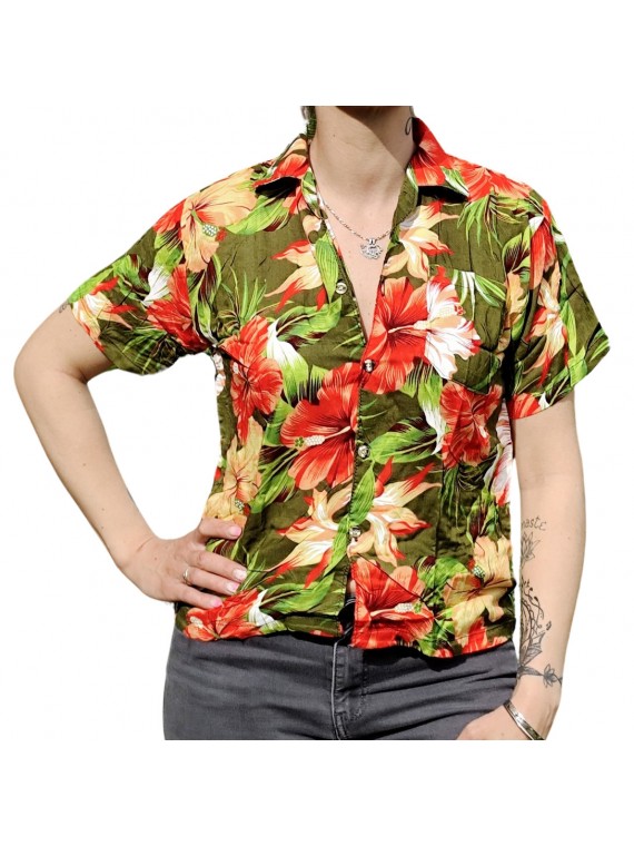 Chemisier vert foncé aux fleurs tropicales