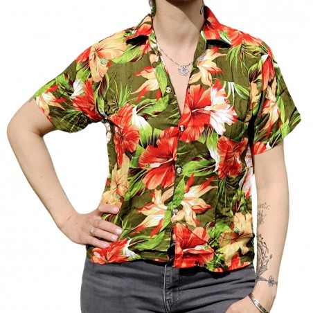 Chemisier vert foncé aux fleurs tropicales