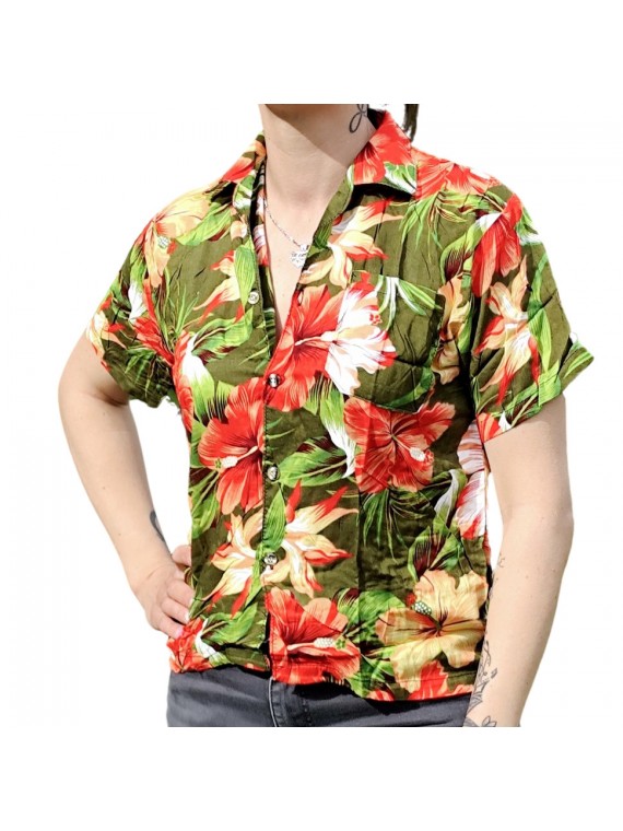 Chemisier vert foncé aux fleurs tropicales