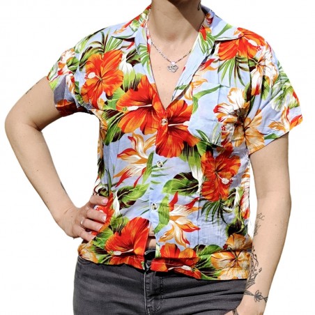 Chemisier bleu ciel aux fleurs tropicales