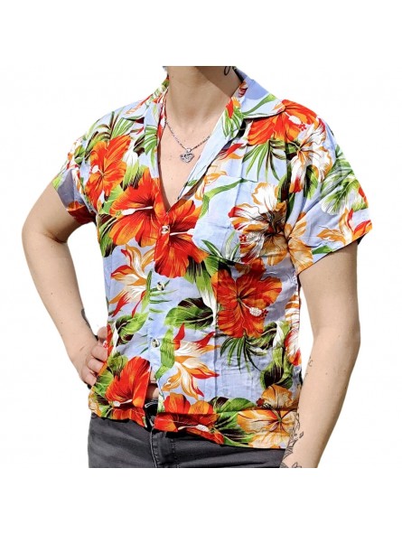 Chemisier bleu ciel aux fleurs tropicales