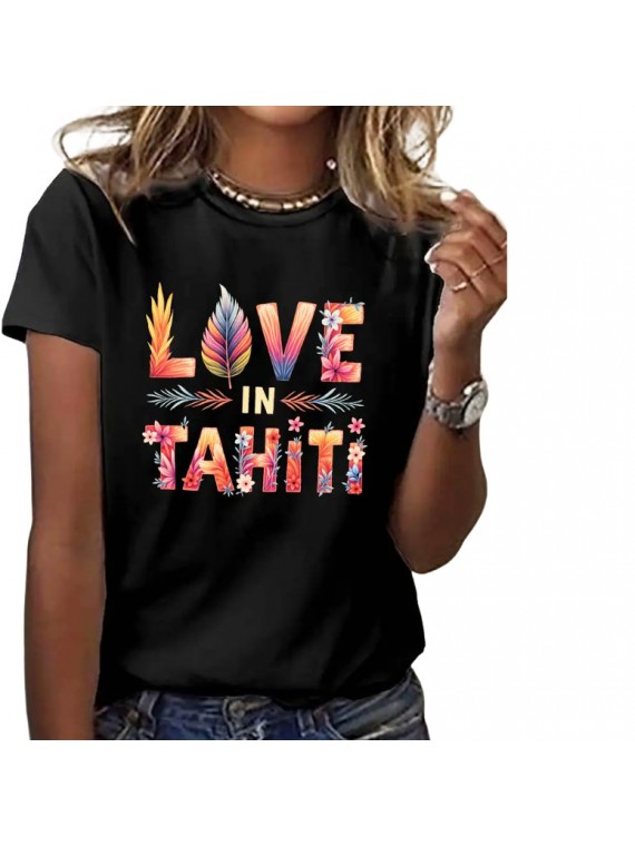 T-shirt femme noir imprimé fleurs " Love In Tahiti"