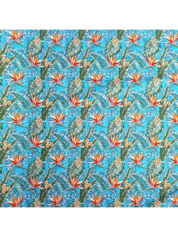 Tissu bleu turquoise motifs tropicals fleurs de paradis