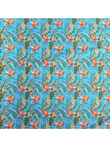 Tissu bleu turquoise motifs tropicals fleurs de paradis