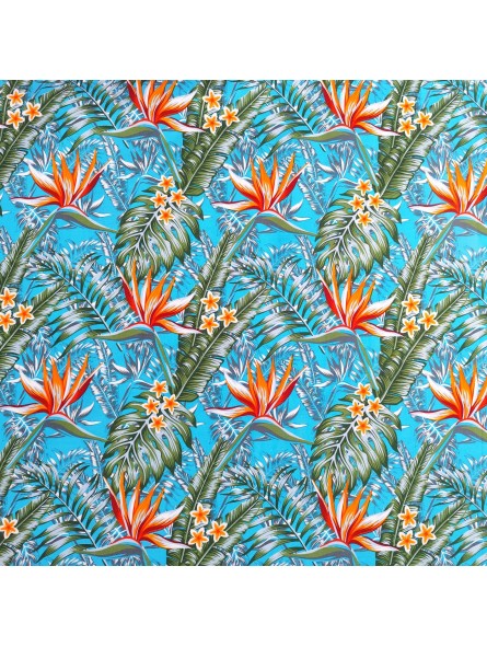 Tissu bleu turquoise motifs tropicals fleurs de paradis