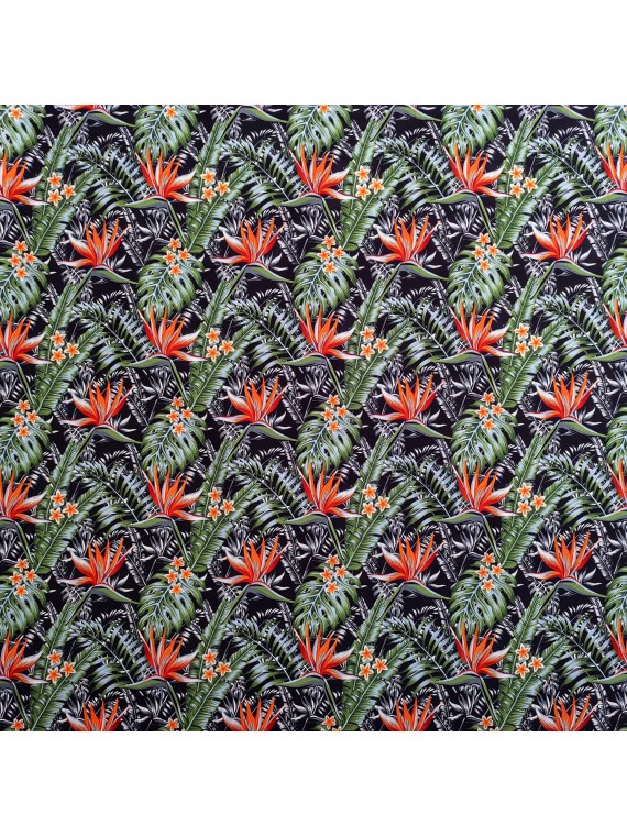 Tissu bleu noir  motifs tropicals fleurs de paradis