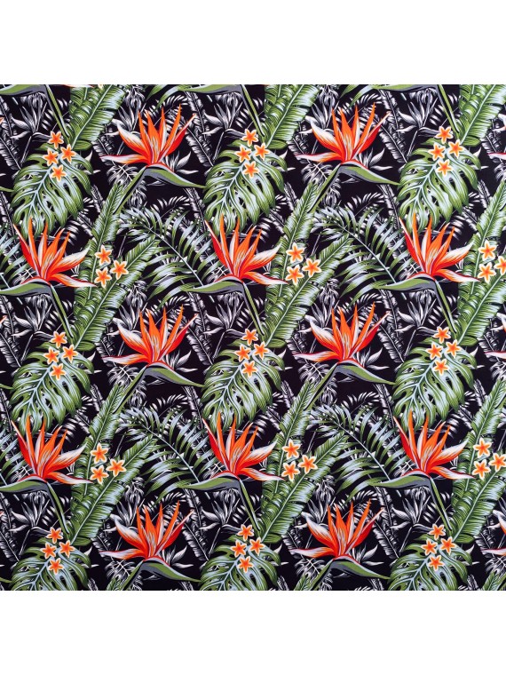 Tissu bleu noir  motifs tropicals fleurs de paradis