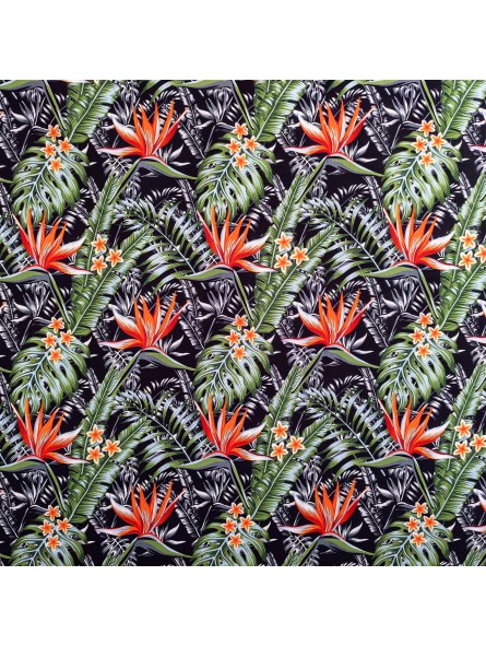 Tissu bleu noir  motifs tropicals fleurs de paradis