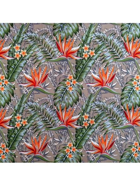 Tissu bleu gris taupe motifs tropicals fleurs de paradis