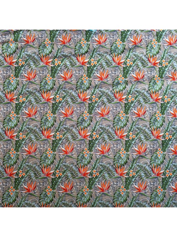 Tissu bleu gris taupe motifs tropicals fleurs de paradis