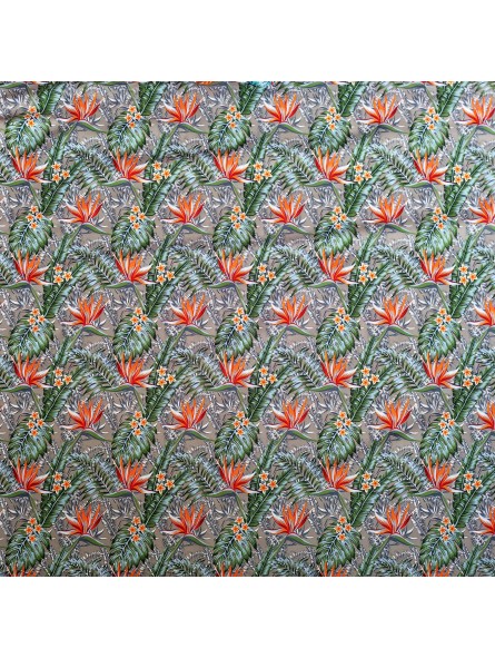 Tissu bleu gris taupe motifs tropicals fleurs de paradis
