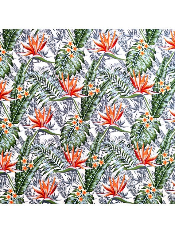 Tissu bleu blanc motifs tropicals fleurs de paradis