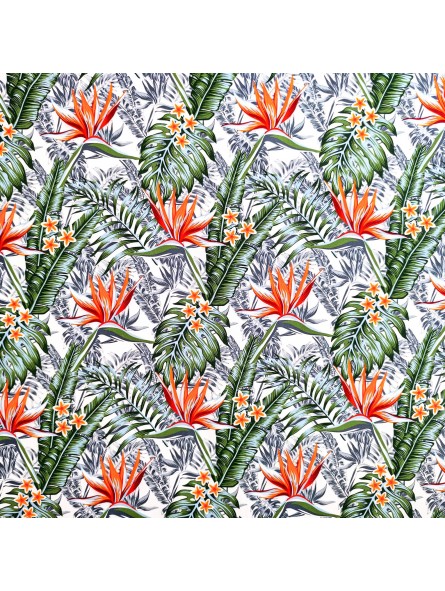 Tissu bleu blanc motifs tropicals fleurs de paradis