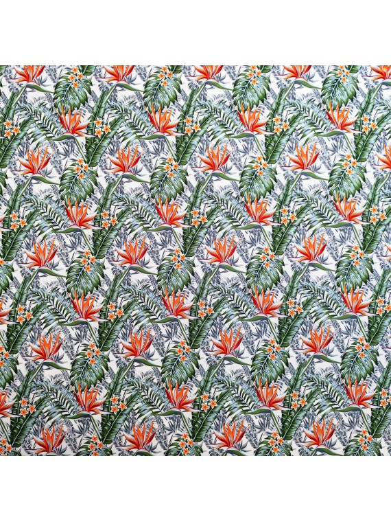 Tissu bleu blanc motifs tropicals fleurs de paradis