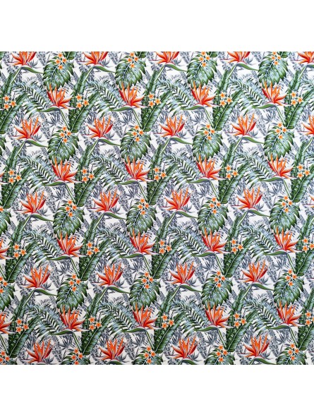Tissu bleu blanc motifs tropicals fleurs de paradis