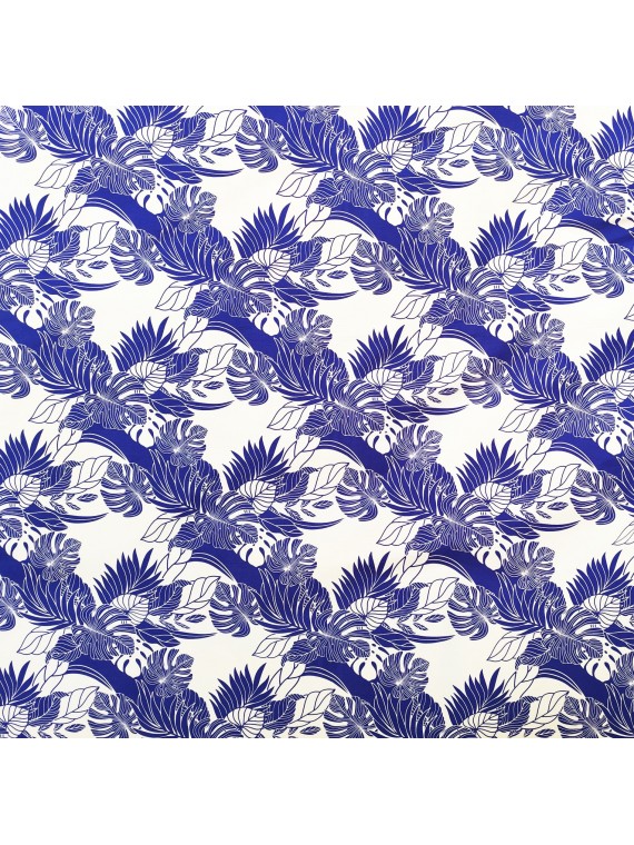 Tissu bleu et blanc motifs jungle tropical