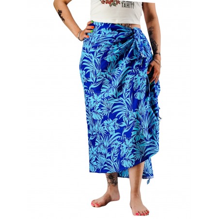 Paréo bleu turquoise hibiscus et feuillage