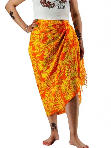 Paréo jaune et orange hibiscus et feuillage