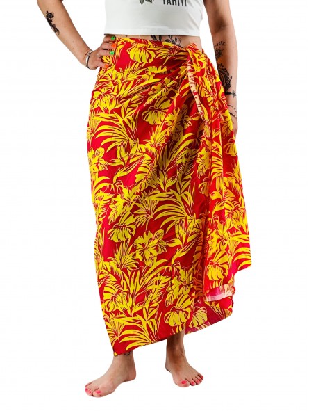Paréo rouge et jaune hibiscus et feuillage