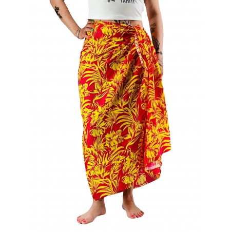 Paréo rouge et jaune hibiscus et feuillage