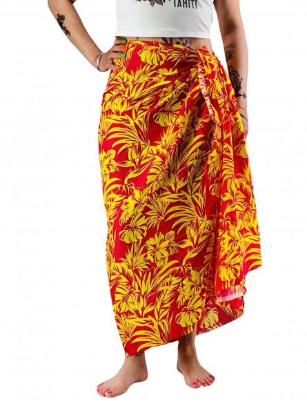 Paréo rouge et jaune hibiscus et feuillage