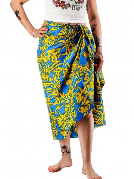 Paréo jaune et bleu hibiscus et feuillage