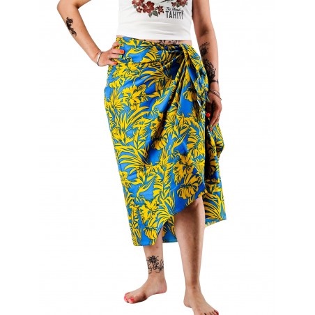 Paréo jaune et bleu hibiscus et feuillage