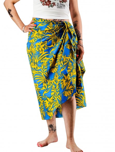 Paréo jaune et bleu hibiscus et feuillage